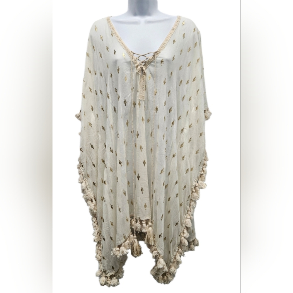 Z&L Gold Foil Cactus Print Tassel Boho Cover Up Poncho Medium Cream 100% Cotton